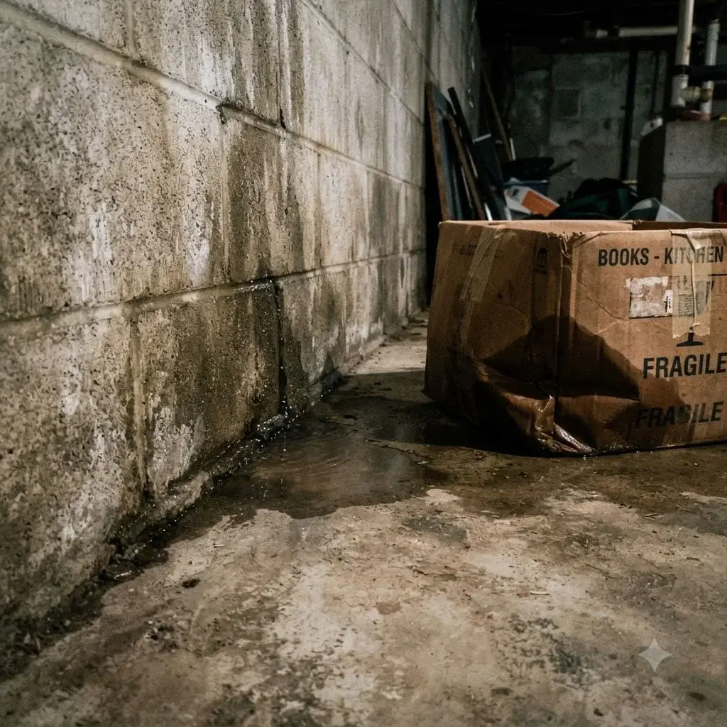 Water seeping along a basement wall after heavy rain