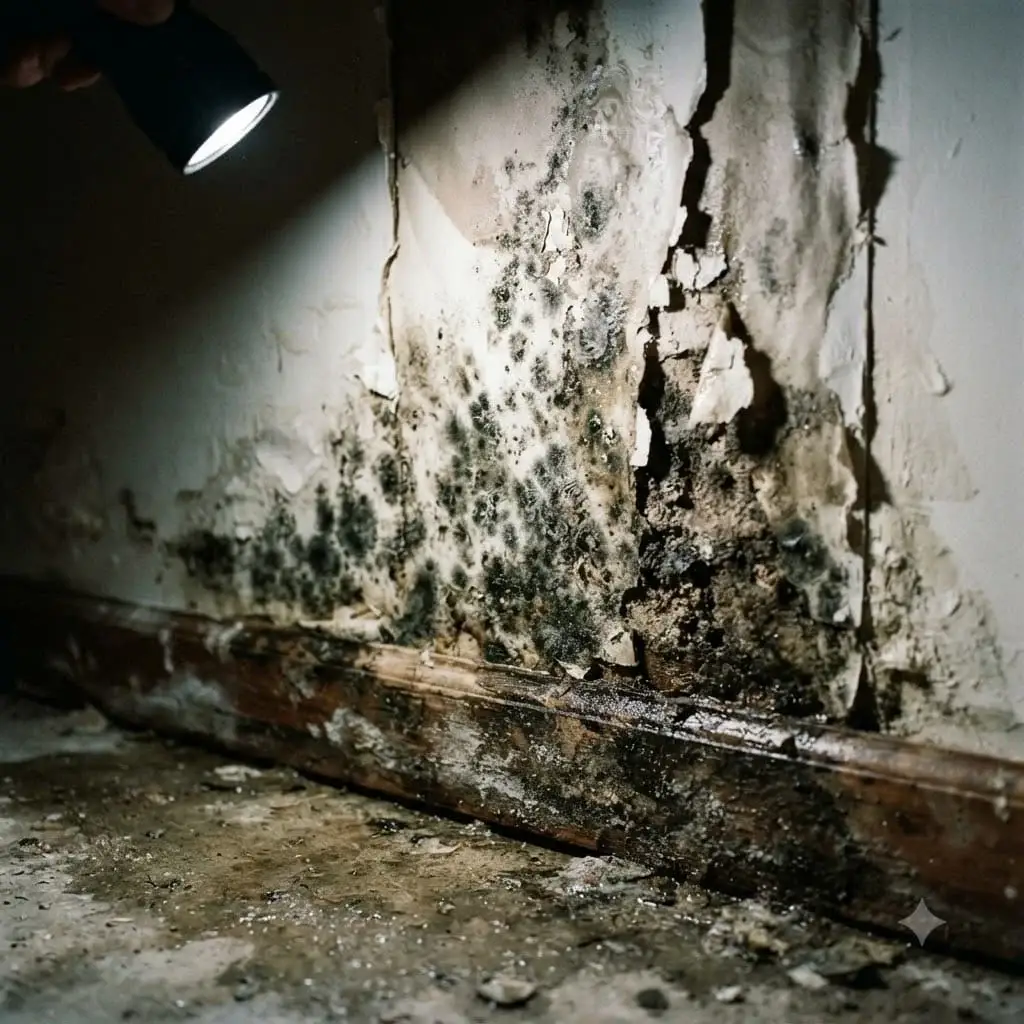 Mold on a basement wall after flooding