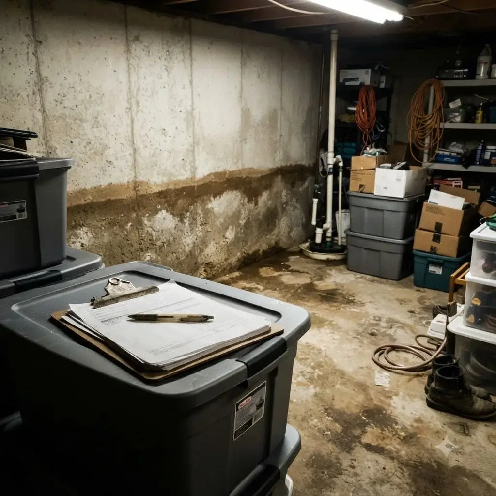 Water-damaged basement ceiling and walls