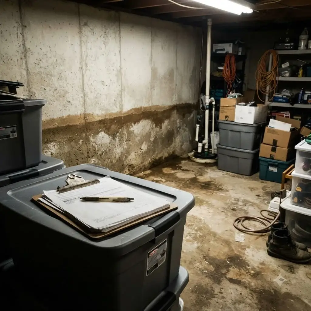 Water-damaged basement ceiling and walls