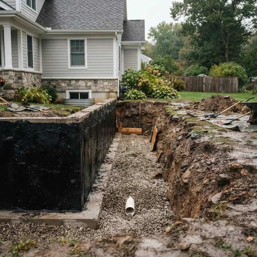 Exposed exterior foundation wall during excavation