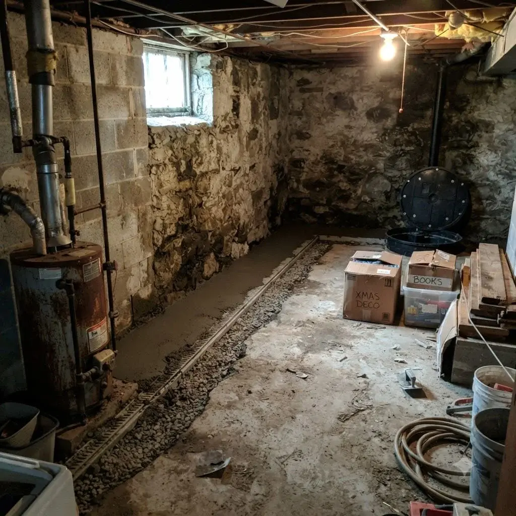 Wet basement wall being assessed for waterproofing in a Scranton home